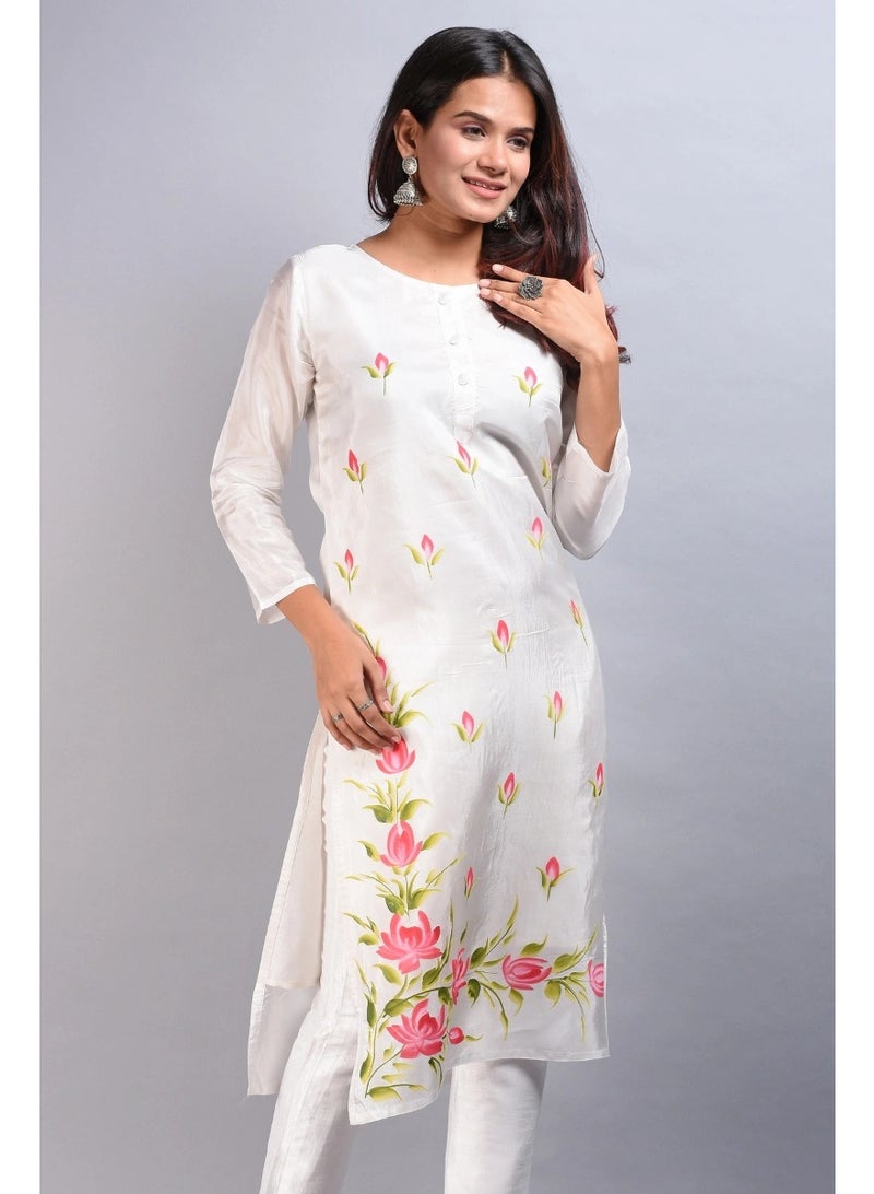 DAVANCHY Women Ethnic Wear Silk Kurta & Hand Brush White Kurta Party Wear Kurta Designer Elegant Kurta - Image 2