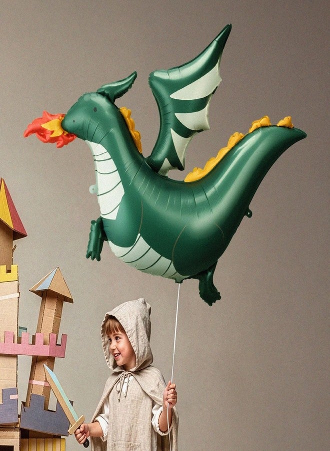 PartyDeco Fire Breathing Dragon Foil Balloon 47.2 x 35.4 Inch - Large Green Balloon for Kids Birthday Party Decorations, Fantasy Party Decor, Dragon Theme Supplies - Image 2