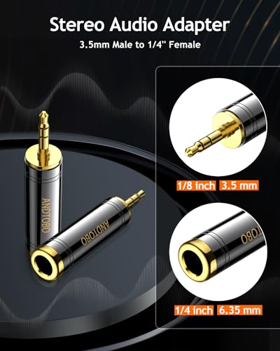 ANDTOBO 1/4'' to 3.5 mm Stereo Pure Copper Headphone Adapter, 3.5 mm(1/8'') Plug Male to 6.35 mm (1/4'') Jack Female Stereo Adapter for Headphone, Amp Adapter, Black 2-Pack - Image 2