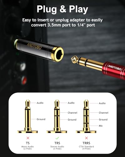 ANDTOBO 1/4'' to 3.5 mm Stereo Pure Copper Headphone Adapter, 3.5 mm(1/8'') Plug Male to 6.35 mm (1/4'') Jack Female Stereo Adapter for Headphone, Amp Adapter, Black 2-Pack - Image 4