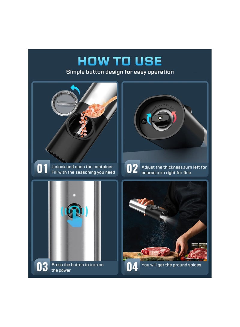 USB Rechargeable Electric Salt and Pepper Grinder Set, One-Handed Operation, Adjustable Coarseness, Automatic Spice Mill Shakers, Refillable, White Light, No Batteries Required.  - Image 2