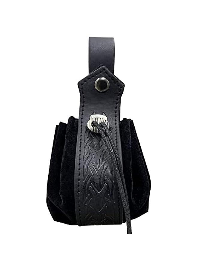 Medieval Faux Leather Drawstring Pouch, Retro Nordic Portable Coin Purse, Vintage Belt Pouch Dice Bag For LARP Ren Faire (Black B) - Image 2