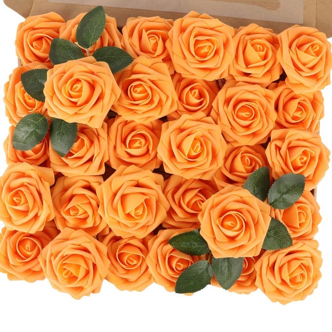 30PCS Artificial Rose Flowers Real Touch Fake Flowers with Stem Orange Foam Roses for DIY Crafts Wedding Bouquets Table Centerpieces Party Home Mothers Day Decorations
