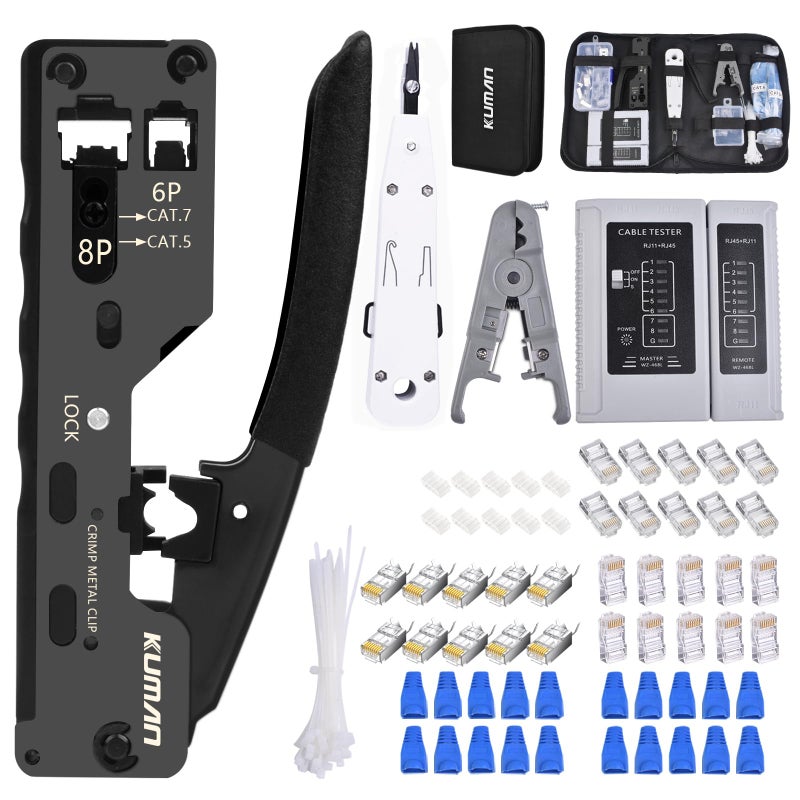 Kuman kuman Network Tool Kit, Network Cable Testing & Wiring Maintenance Repair Tool Crimp Stripper Set for RJ45 RJ11 Cat7 Cat6a Cat6 Cat5 Ethernet Cable Plugs P9300  - Image 1