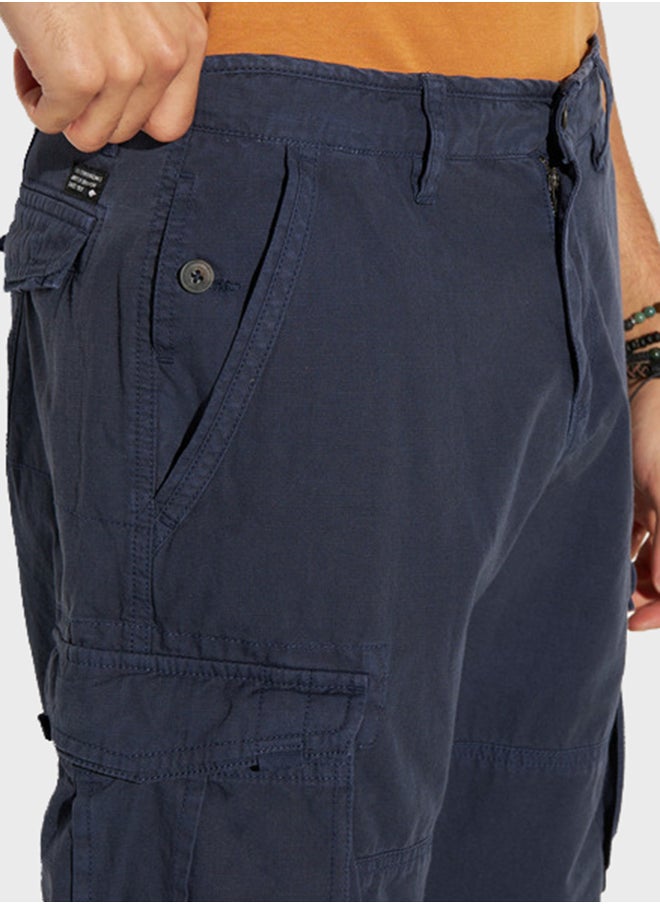 Solid Cargo Shorts With Pockets And Button Closure