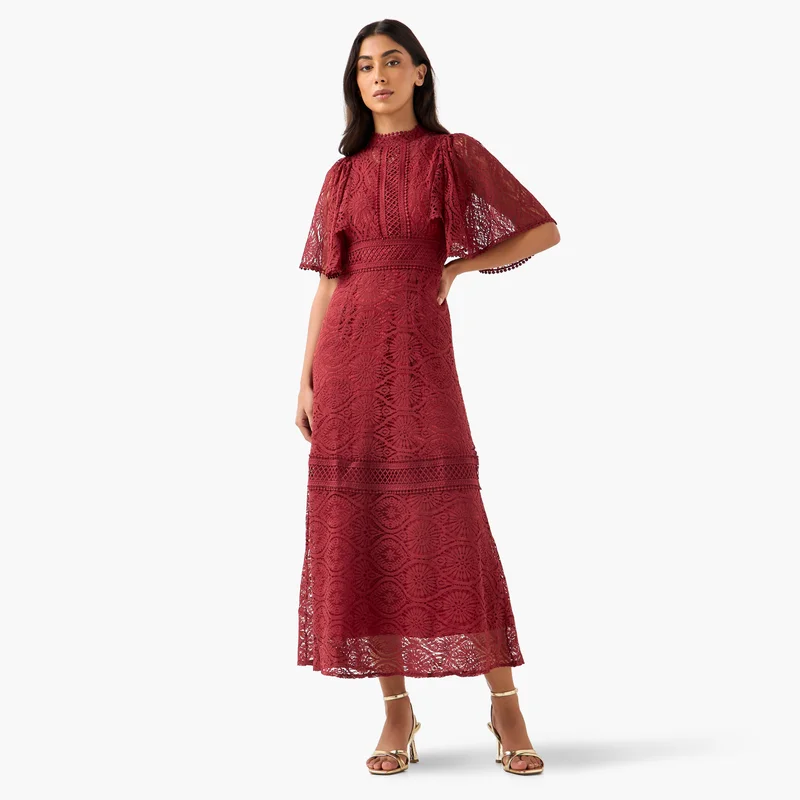 2Xtremz Lace Accent 2Xtremz A-line Midi Polyester Dress with Flutter Sleeves