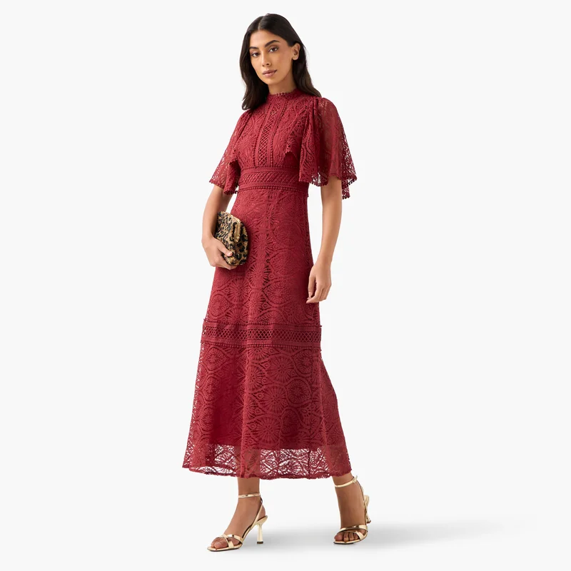2Xtremz Lace Accent 2Xtremz A-line Midi Polyester Dress with Flutter Sleeves