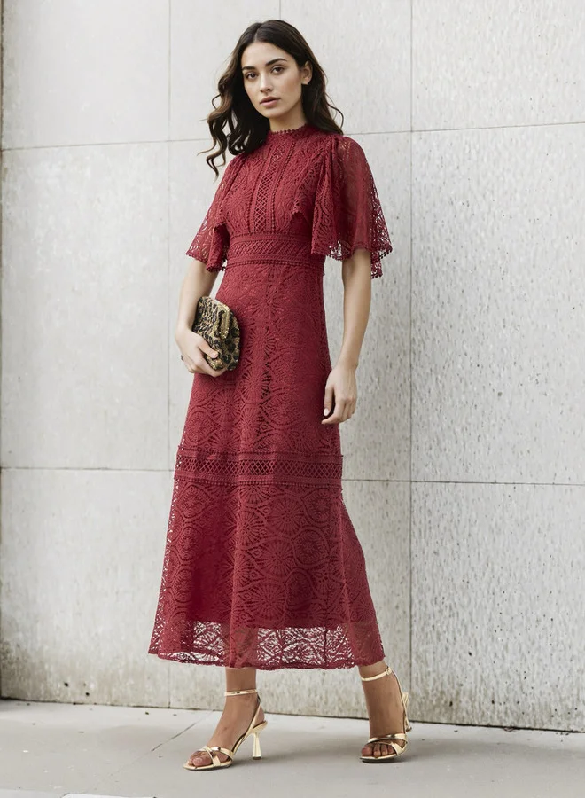 2Xtremz Lace Accent 2Xtremz A-line Midi Polyester Dress with Flutter Sleeves