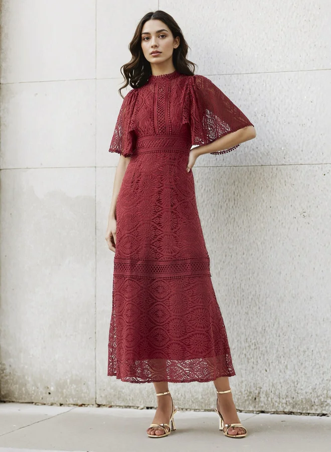 2Xtremz Lace Accent 2Xtremz A-line Midi Polyester Dress with Flutter Sleeves
