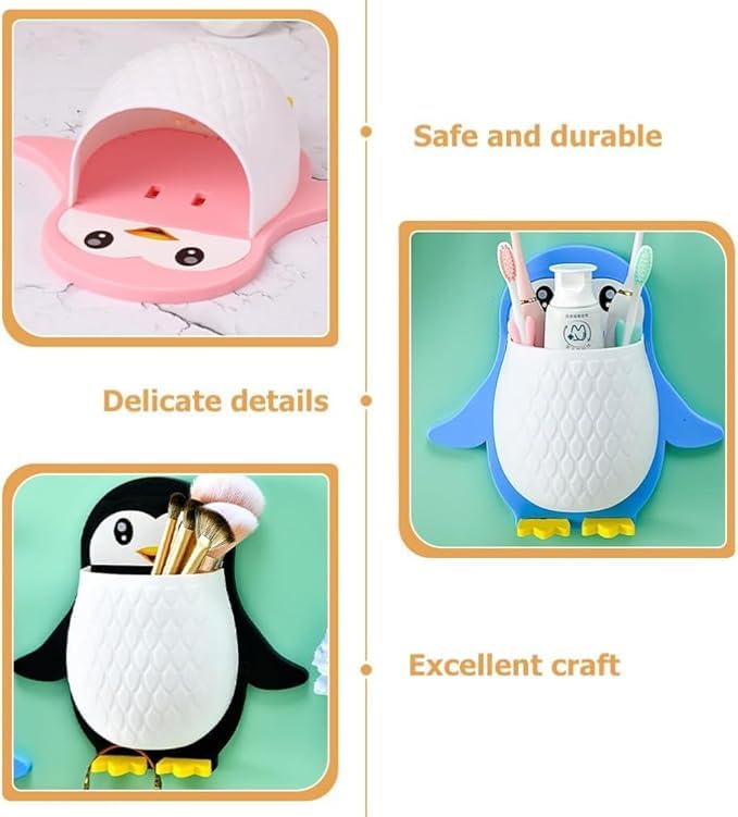 VIDORA Plastic Wall Mounted Penguin Design Toothpaste Holder Unique Design Wall Mounted Self Adhesive Storage Wall Mount Toothbrush Holder Wall Mount Remote and Mobile Stand - Image 4