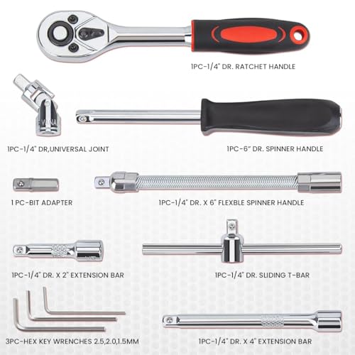 Serplex® 53 Pieces 1/4 inch Drive Socket Ratchet Wrench Tool Set with Bit Socket Set Metric and Extension Bar for Auto Repairing and Household, with Storage Case - Image 4