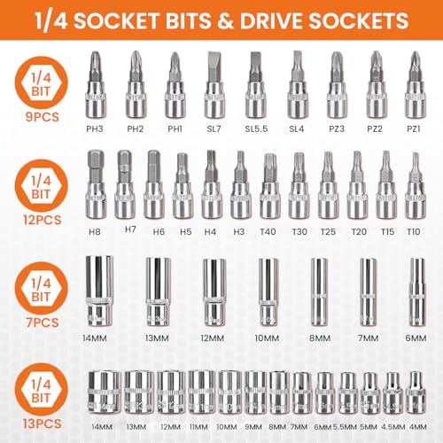 Serplex® 53 Pieces 1/4 inch Drive Socket Ratchet Wrench Tool Set with Bit Socket Set Metric and Extension Bar for Auto Repairing and Household, with Storage Case - Image 3
