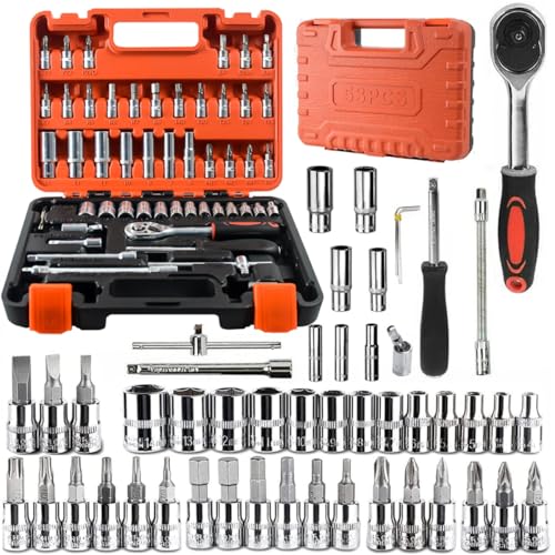 Serplex® 53 Pieces 1/4 inch Drive Socket Ratchet Wrench Tool Set with Bit Socket Set Metric and Extension Bar for Auto Repairing and Household, with Storage Case - Image 2