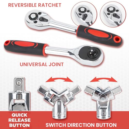 Serplex® 53 Pieces 1/4 inch Drive Socket Ratchet Wrench Tool Set with Bit Socket Set Metric and Extension Bar for Auto Repairing and Household, with Storage Case - Image 5