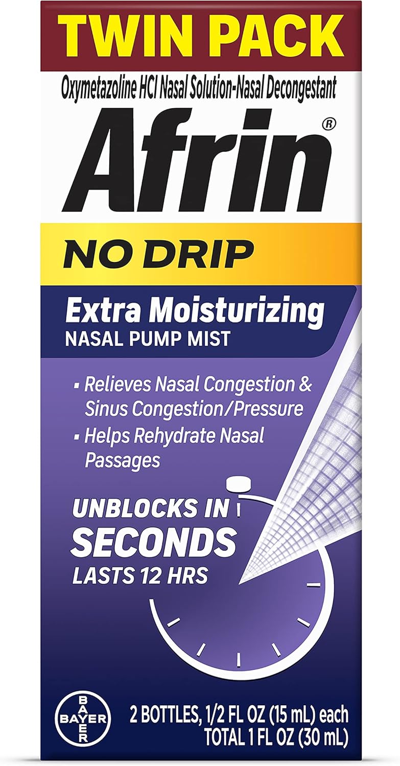 Afrin Afrin No Drip Extra Moisturizing Nasal Mist Twin Pack, Non-Drowsy, Fast-Acting Decongestant for Sinus Pressure and Dry Nasal Passages, Adults and Children 6 and Older, .5 fl oz (Pack of 2) 
