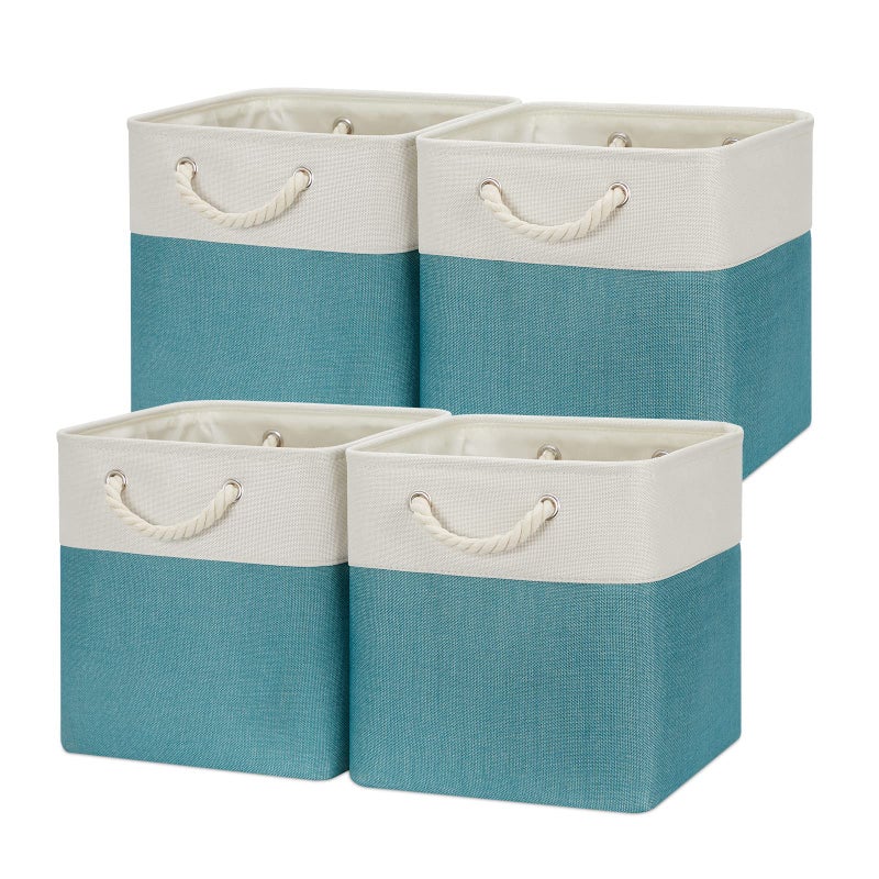 Temary Cubes Storage Baskets 12 Inch Cube Storage Bins for Shelf Fabric Storage Cubes for Gift Empty Baskets for Home Collapsable Box Basket for Storage WhiteTeal