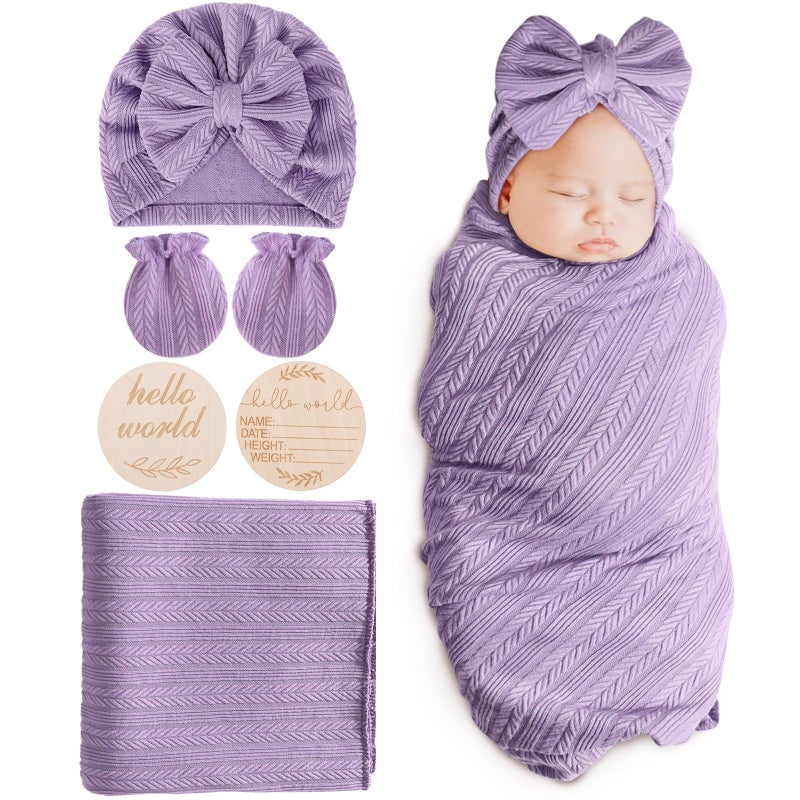 AQOKKA Newborn Receiving Blanket with Bow Hat Mittens Wooden Card Set Wheat-Pattern Newborns Toddler Baby Boy Girl Nursery Swaddle Wrap - Image 1