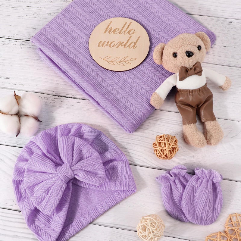 AQOKKA Newborn Receiving Blanket with Bow Hat Mittens Wooden Card Set Wheat-Pattern Newborns Toddler Baby Boy Girl Nursery Swaddle Wrap - Image 2