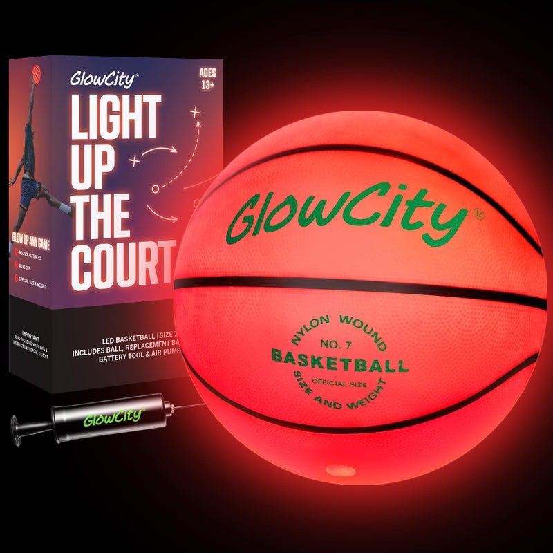 GlowCity كرة سلة متوهجة في الظلام GlowCity حجم 7 كرة مضيئة لهدايا الأولاد المراهقين للبالغين توهج أحمر لألعاب الرياضة في الهواء الطلق أفكار هدايا عيد الميلاد للأولاد من أعمار 12 13 14 15 ملحقات معدات كرة السلة - Image 2
