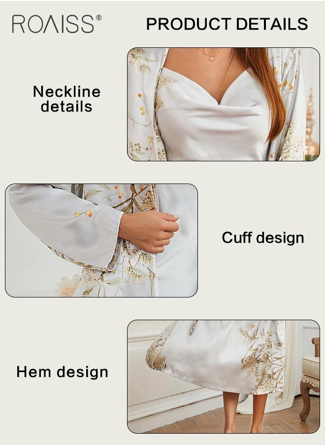 roaiss - 2-Piece Satin Printed Nightgown Knee Length Suspender Nightgown Classic Long Sleeved Cardigan Nightgown Babydoll Sleepwear Set - Image 1