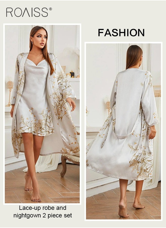 roaiss - 2-Piece Satin Printed Nightgown Knee Length Suspender Nightgown Classic Long Sleeved Cardigan Nightgown Babydoll Sleepwear Set - Image 1