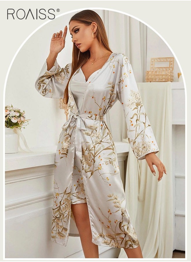 roaiss - 2-Piece Satin Printed Nightgown Knee Length Suspender Nightgown Classic Long Sleeved Cardigan Nightgown Babydoll Sleepwear Set - Image 1
