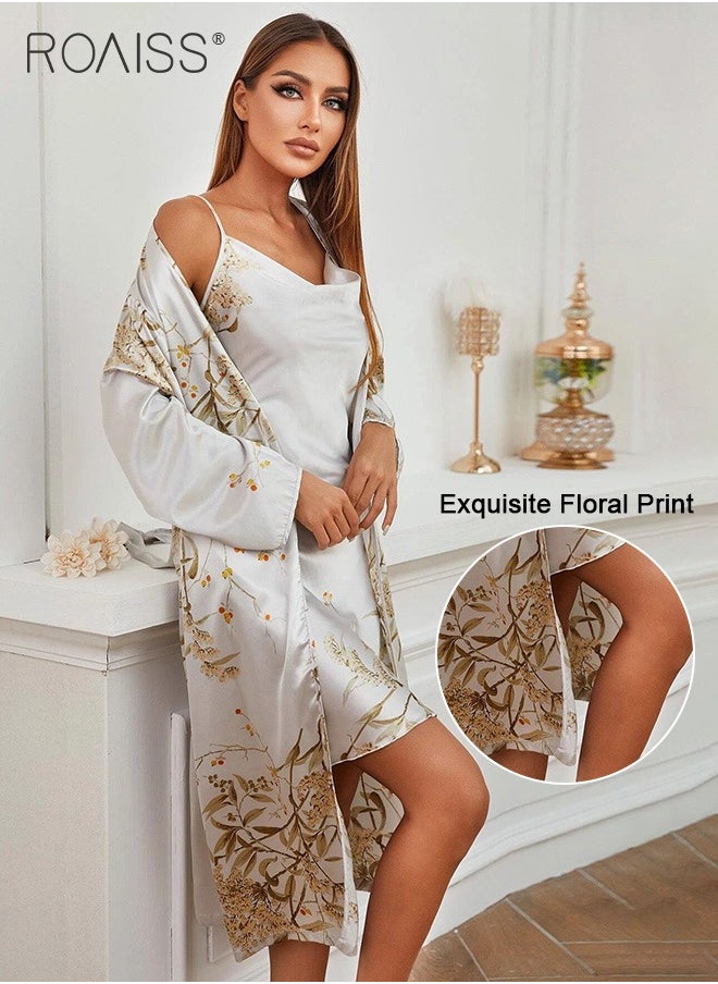 roaiss - 2-Piece Satin Printed Nightgown Knee Length Suspender Nightgown Classic Long Sleeved Cardigan Nightgown Babydoll Sleepwear Set - Image 1