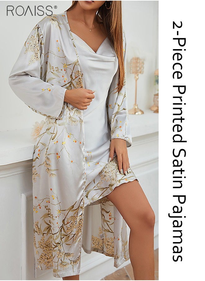 roaiss - 2-Piece Satin Printed Nightgown Knee Length Suspender Nightgown Classic Long Sleeved Cardigan Nightgown Babydoll Sleepwear Set - Image 1