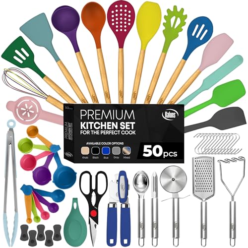 Kaluns 50 PCS Silicone Kitchen Utensils Set Complete Kitchen Set - 800°F Heat Resistant Non-Stick Premium Cooking Utensils W Wooden Handles - Can Opener, Masher, Turner, Silicone Spatula Set - Image 1