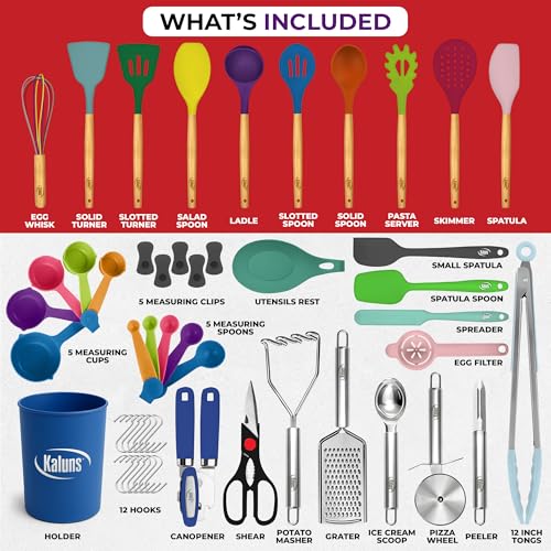 Kaluns 50 PCS Silicone Kitchen Utensils Set Complete Kitchen Set - 800°F Heat Resistant Non-Stick Premium Cooking Utensils W Wooden Handles - Can Opener, Masher, Turner, Silicone Spatula Set - Image 3