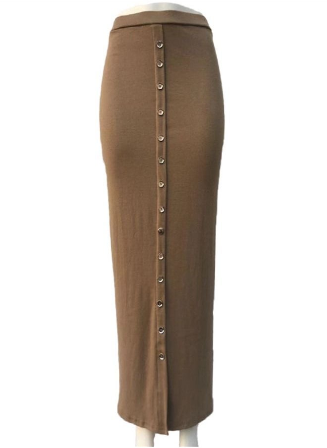 Loquat Breasted Solid Color Skirt Brown  - Image 1