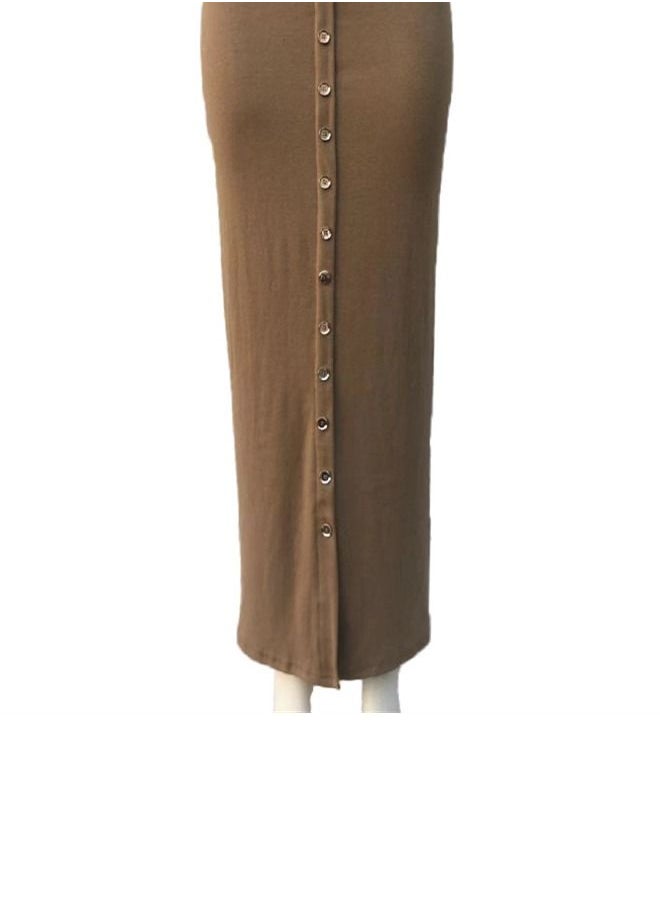 Loquat Breasted Solid Color Skirt Brown  - Image 2
