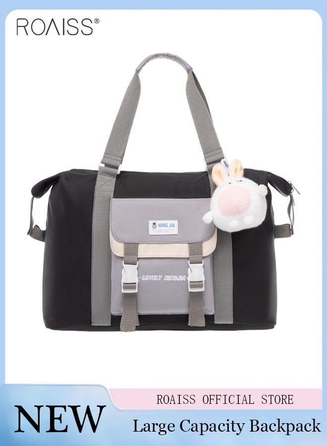 roaiss Large Capacity Color Block Tote Daily School Travel Adjustable Detachable Strap Backpack With Doll And Badge - Image 2