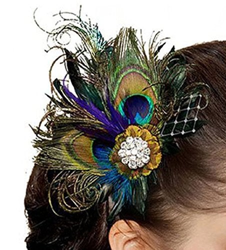 Fdesigner 20s Peacock Fascinator Flapper Feather Hair Clip Gatsby Headpiece for Women - Image 4