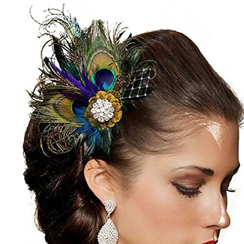 Fdesigner 20s Peacock Fascinator Flapper Feather Hair Clip Gatsby Headpiece for Women - Image 2