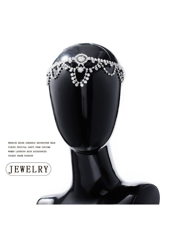 Fdesigner سلسلة رأس من الكريستال لحفلات الزفاف، قطعة رأس عروس فضية على شكل زهرة من حجر الراين، مجوهرات شعر للنساء في الهالوين (فضي رائع) - Image 2