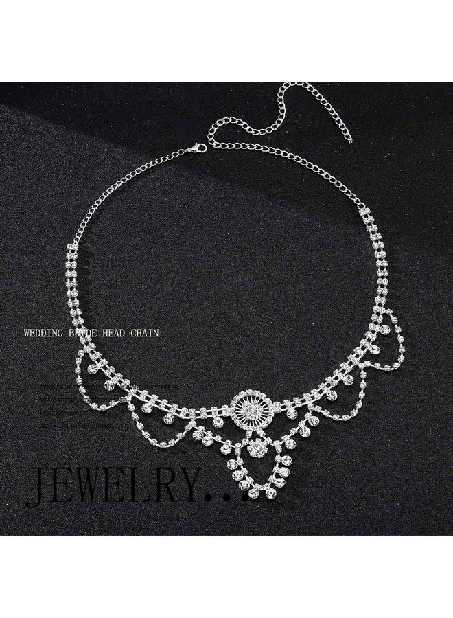 Fdesigner سلسلة رأس من الكريستال لحفلات الزفاف، قطعة رأس عروس فضية على شكل زهرة من حجر الراين، مجوهرات شعر للنساء في الهالوين (فضي رائع) - Image 3