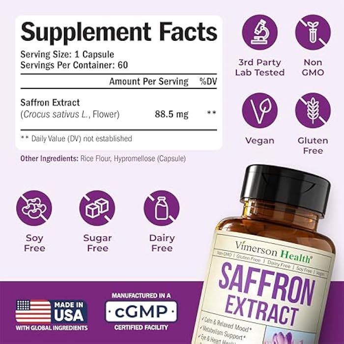 Vimerson Health Pure Saffron Supplements for Women & Men w/ 88.5mg Saffron Extract – Mood Support Supplement Plus Eye Health – Azafran Safron Spice Alternative to Gummies or Powder – 60 Vegan Count – 2 Month Supply - Image 3