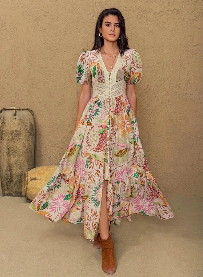 Multi-Color A-Line Ankle Length Dress with Short Sleeves