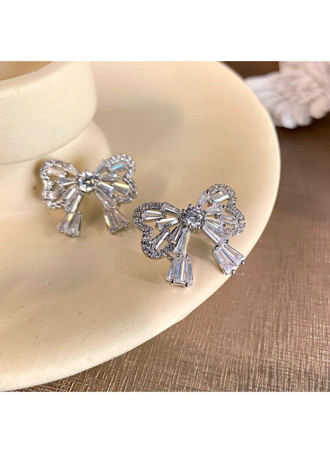 نيبمينينت Korean Style Silver Needle Bow Flash Diamond Earrings Light Luxury High-end Ear Jewelry Yiwu High Fashion 
