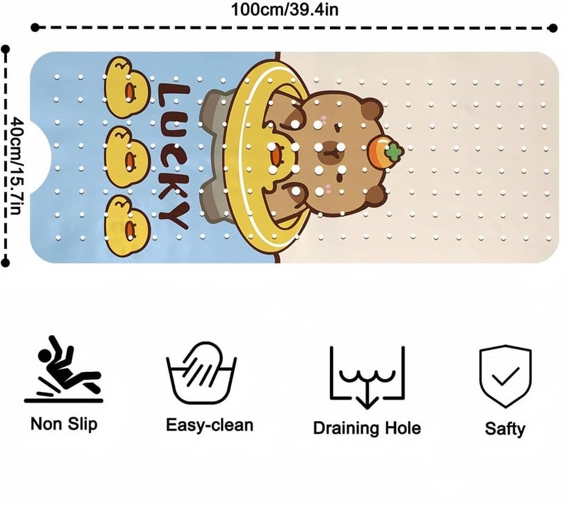RooRound Bath Mat for Kids Toddler Baby, 39.4×15.7 Inch Extra Long Non-Slip Bathtub Mat, Cute Cartoon Pattern, with Suction Cups & Drain Holes (Blue) - Image 2