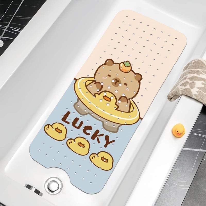 RooRound Bath Mat for Kids Toddler Baby, 39.4×15.7 Inch Extra Long Non-Slip Bathtub Mat, Cute Cartoon Pattern, with Suction Cups & Drain Holes (Blue) - Image 1
