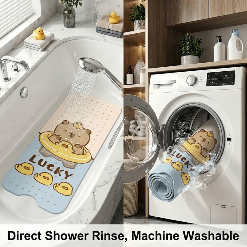 RooRound Bath Mat for Kids Toddler Baby, 39.4×15.7 Inch Extra Long Non-Slip Bathtub Mat, Cute Cartoon Pattern, with Suction Cups & Drain Holes (Blue) - Image 4