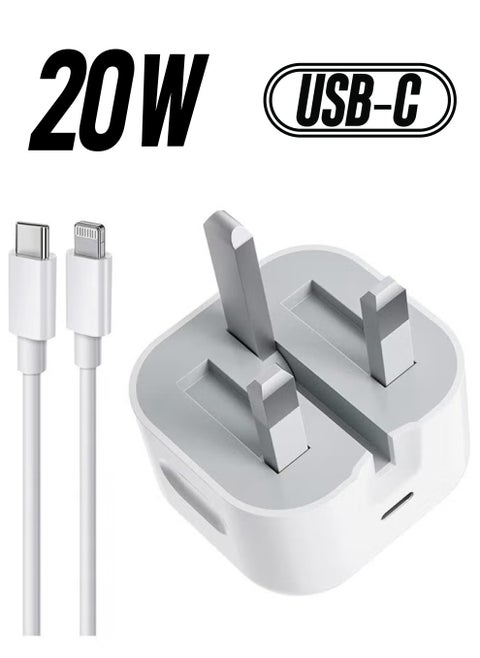 شاحن حائط USB-C بقوة 20 واط PD 3.0 من آيفون مع كابل شحن سريع بطول 1 متر، شاحن سريع وكابل شحن USB-C، شاحن سريع متوافق مع هواتف آيفون 14 و13 و12 و11 برو ماكس وميني وX وXR وXs و8.