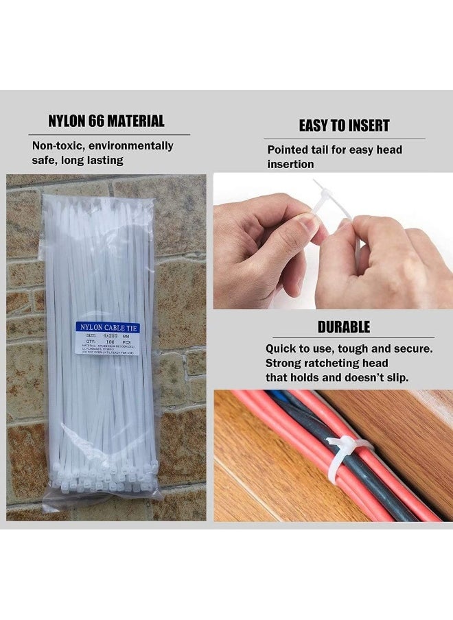 SHOWAY 250Mm Cable Ties White (100 Pack), Wire Ties With 18Kg Tensile Strength, Self-Locking Heavy Duty Nylon Plastic Zip Ties Wraps For Office, Household And Outdoor  - Image 3
