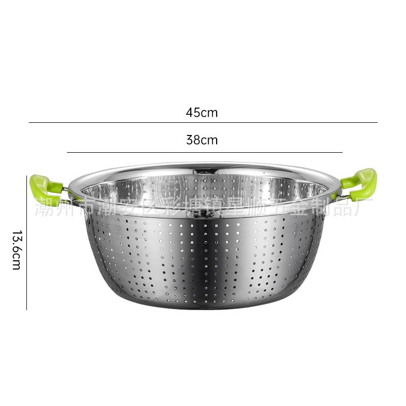 Stainless Steel Draining Basin, Rice Washing Basin, Double-Handle Draining Basin, Fine Mesh Basket, Kitchen Rice Washing Basin, Vegetable Washing Basin With Handle, Rice Washing Strainer - Image 1
