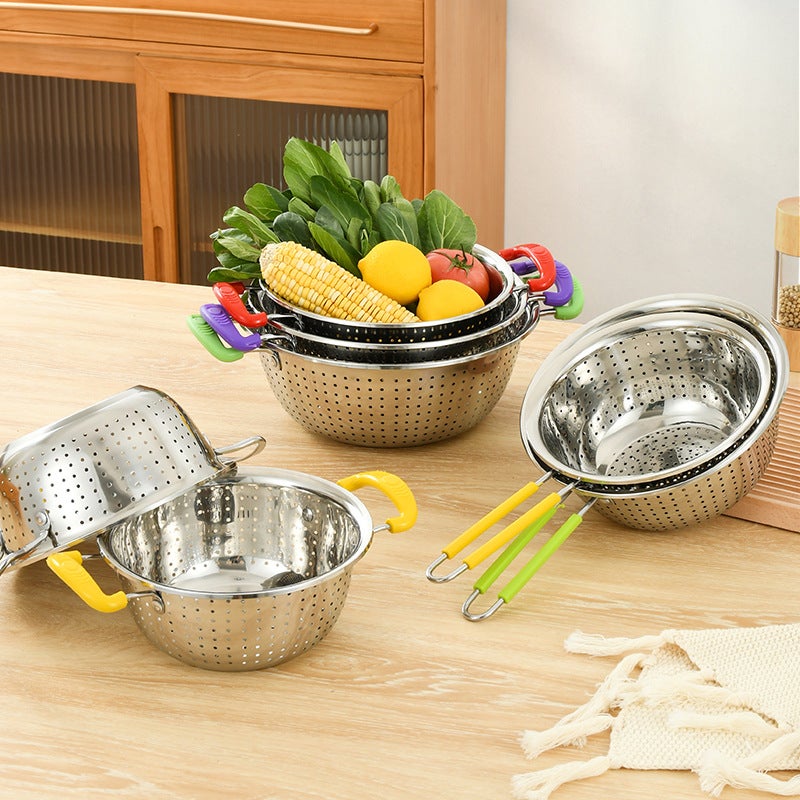 Stainless Steel Draining Basin, Rice Washing Basin, Double-Handle Draining Basin, Fine Mesh Basket, Kitchen Rice Washing Basin, Vegetable Washing Basin With Handle, Rice Washing Strainer - Image 5