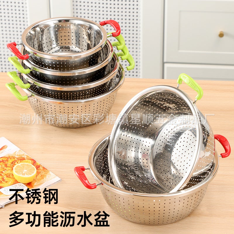 Stainless Steel Draining Basin, Rice Washing Basin, Double-Handle Draining Basin, Fine Mesh Basket, Kitchen Rice Washing Basin, Vegetable Washing Basin With Handle, Rice Washing Strainer - Image 3
