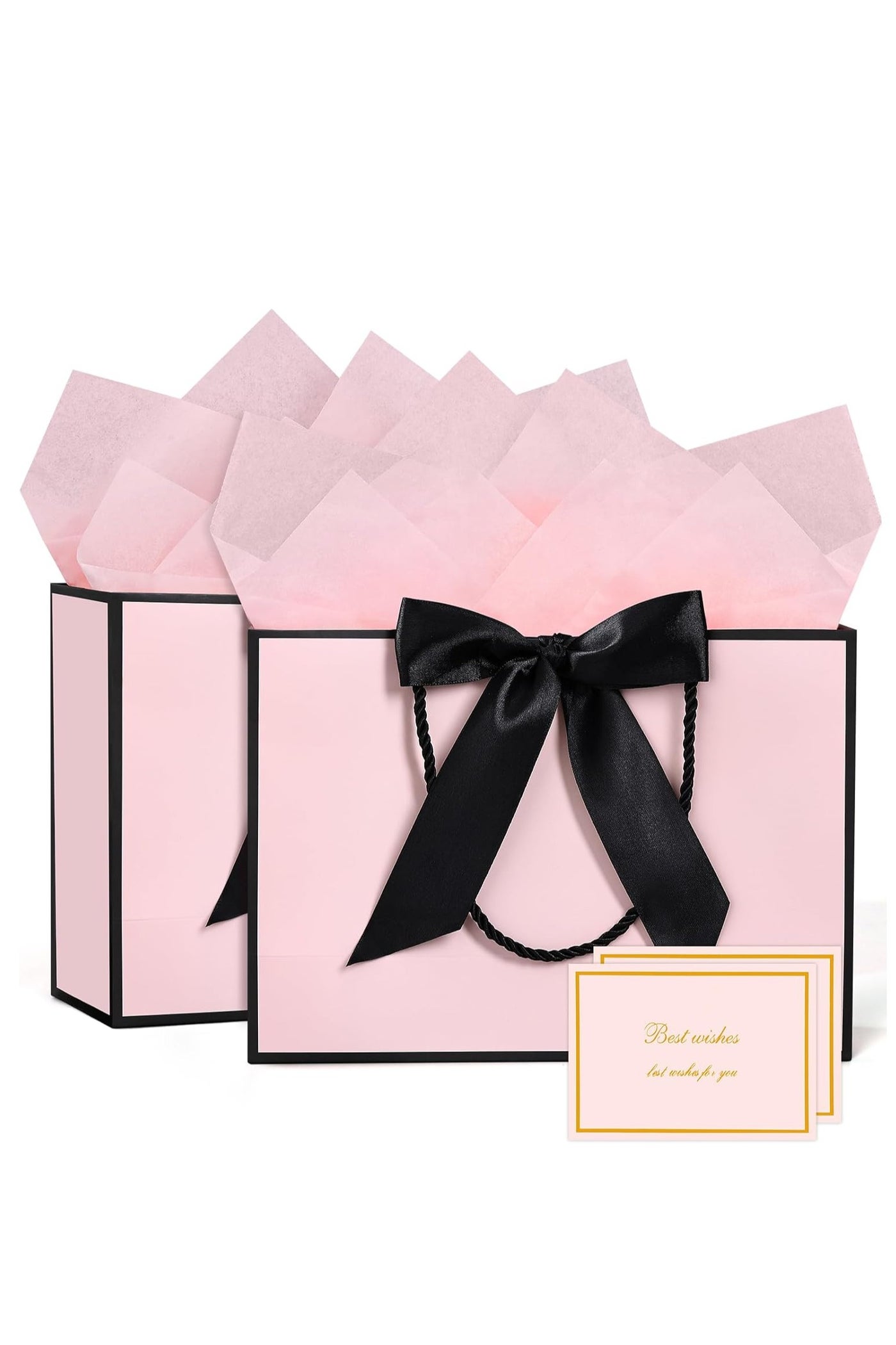 2PCS Black-Pink Large Gift Bags, Paper Bags with Ribbon, Greeting Cards and Tissue Paper, Portable Party Bags with Handles, Birthday Gift Bags for Women Girls Bridesmaid Birthday Valentines Wedding Party