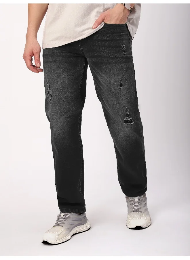 بيونغ Black Distressed Regular Fit Jeans for men